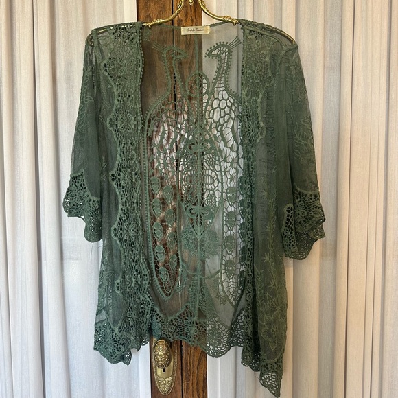 Simply Couture Sage Green Tab Sleeve Knit Lace Peacock Open Cardigan - Picture 2 of 10